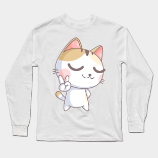 Cute cat with a hand peace Long Sleeve T-Shirt